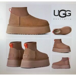 UGG Classic Dipper Platform Boots Women 10 Chestnut Suede Orange Pull Tab New